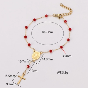 Bracelet chapelet français en acier doré avec perles rouges et pendentif croix
