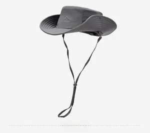 Detail of wide brim outdoor sun hat with adjustable drawstring and Mountain Logo