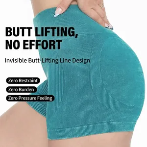 High-waisted teal ribbed yoga shorts with scrunch butt lift design for fitness