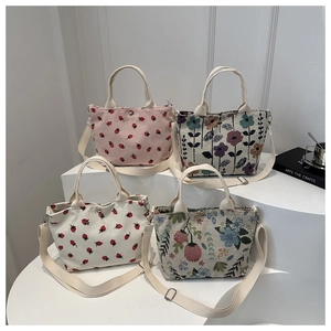 Large capacity floral and strawberry tote bags with adjustable shoulder straps