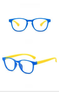 Detailed views of kids blue-light blocking glasses in blue and yellow contrast colors