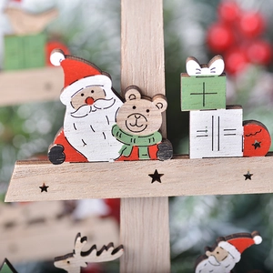 Handcrafted wooden Christmas tree ornament with Santa and reindeer for tabletop decor