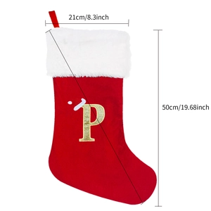 Large red and white velvet Christmas stocking with golden embroidered letter P, 50cm tall