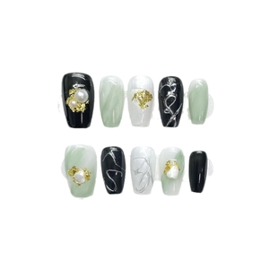Jade green marble press-on nails set with pearls, gold foil, and 3D silver lines decor