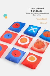 Detail of colorful bean bags for tossing game with sports prints and letters