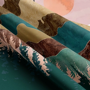 Close-up of thick woven mountain tapestry fabric showing texture and retro sunset design