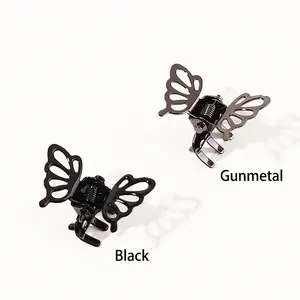 Mini vintage butterfly hair clips in gunmetal and black finish with hollow metal design