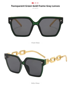 Detail view of square green frames and golden metal chain temples on stylish sunglasses