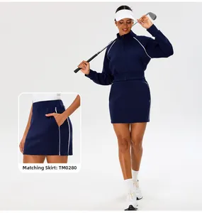 Detail of navy blue slim fit yoga jacket and skirt with white contrast side stripes