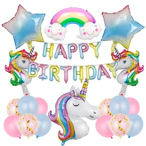 3D unicorn foil balloon set with rainbow horse and birthday party decorations