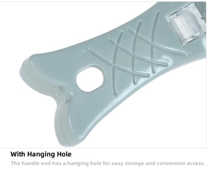 Fish scale remover handle with blue fish tail design and hanging hole for kitchen storage