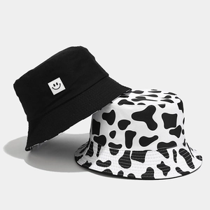 Reversible Bucket Hat Cotton Canvas Cow Print Smile Face Sun Protection Summer Beach Outdoor Travel Streetwear Hat