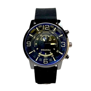 DOUKOU sports watch with black silicone strap and blue glowing multi-function dial