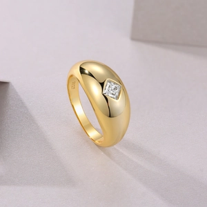 Macro shot of 18K gold plated S925 silver dome ring with square moissanite stone