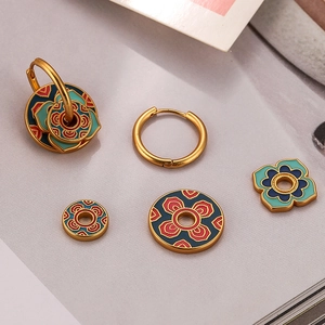 Neo-Chinese gold hoop earrings with versatile colorful enamel flower charms
