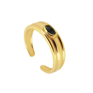 Bague ajustable plaquée or 18k vintage avec pierre précieuse noire sur fond blanc