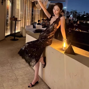 Robe De Soirée À Paillettes Noires Avec Bordure En Dentelle Col En V Sans Manches Coupe Ajustée Robe Longue Sexy