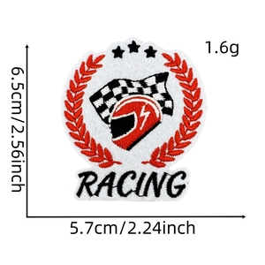 Detailed embroidery patch with racing helmet, checkered flags and racing text logo