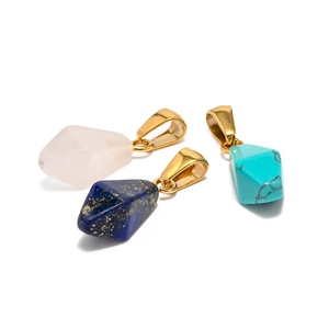 Three geometric gemstone pendants in rose quartz lapis and turquoise with gold clasps