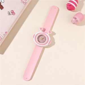 Pink cartoon snap watch for kids with silicone slap band and colorful heart dial design