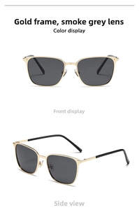 Detailed views of gold metal frame sunglasses with dark grey lenses in front and side angles