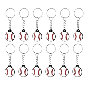 Set of 12 classic white baseball keychains with red stitching and silver metal keyrings
