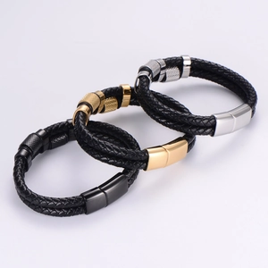 Triple-layered braided leather bracelet for men with 18K gold and silver magnetic buckles