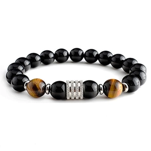 Beaded Bracelet Natural Tiger Eye And Obsidian Stone Stainless Steel Elastic Adjustable Vintage Jewelry Gift For Men
