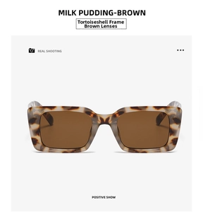 Front view of square milk pudding patterned sunglasses with brown lenses on white background