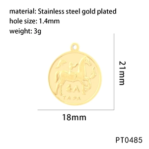 Detail of 21mm gold plated stainless steel round pendant with engraved rider and TAPA text