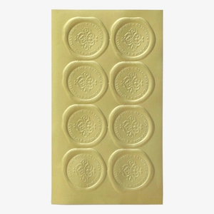 Sheet of 8 gold foil chocolate box seal stickers with vintage embossed wax seal design
