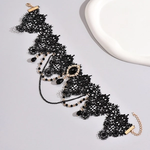Gothic black lace choker necklace with dark rhinestones and vintage geometric pendant