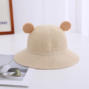 Kids cute animal ear summer sun hat in beige breathable woven knit fisherman style