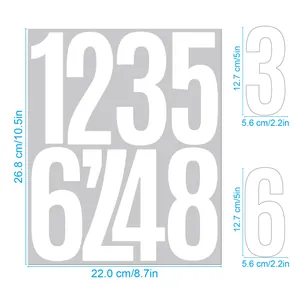 Size chart showing 5 inch alphanumeric stickers for wall or mailbox with dimensions