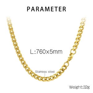 Detail view of 760mm x 5mm gold stainless steel cuban chain with size and weight parameters