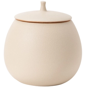 Minimalist beige ceramic tea canister with matte texture on a clean white background
