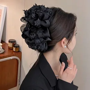 Grande Pince À Cheveux Nœud Papillon Dentelle Satin Multicouche Rétro Français Élégante Accessoires De Coiffure Pour Femmes