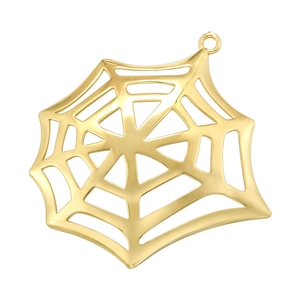 Detailed close-up of a golden hollow spider web pendant with smooth metallic texture