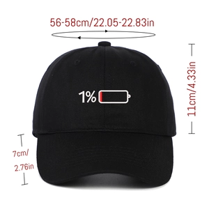 Front view of black cotton baseball cap with 1% battery embroidery and size dimensions