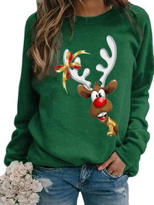 Women's Christmas sweatshirt with festive red-nosed reindeer print in green long sleeve style