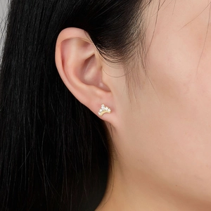 Elegant S925 silver crown stud earrings with sparkling zircons worn by a model