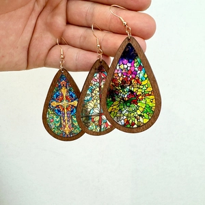Teardrop Earrings Wood Acrylic Stained Glass Cathedral Style Vintage Colorful Jewelry For Women Retro Ethnic Accessories