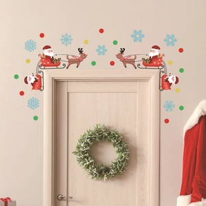 Cartoon Christmas door frame wall stickers featuring Santa, reindeer and snowflakes