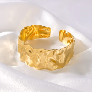 Chic 18K gold-plated stainless steel cuff bracelet with unique irregular hammered texture