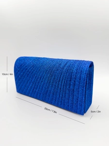 Detailed size specifications for the blue pleated evening clutch with glitter texture
