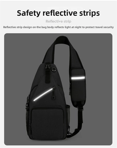 Detail view of black crossbody chest bag featuring reflective safety strips and earphone port