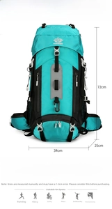 Infographic showing 60L waterproof hiking backpack dimensions and professional parameters