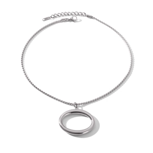 Detail of silver stainless steel oval hollow pendant with lobster clasp and extension chain