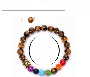 8mm tiger eye bead bracelet with chakra stones and gold Buddha head dimensions detail
