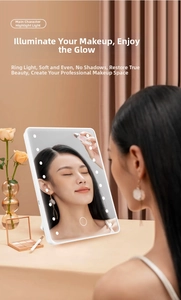 Detail view of a white LED makeup mirror with ring light and touch sensor on a vanity desk